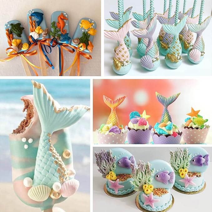 Sakolla 4 Pcs Marine Theme Silicone Fondant Molds, Mermaid Tail Seashell Conch Starfish Shape Silicone Molds for Cake Decoration, Chocolate, clay, Crafting