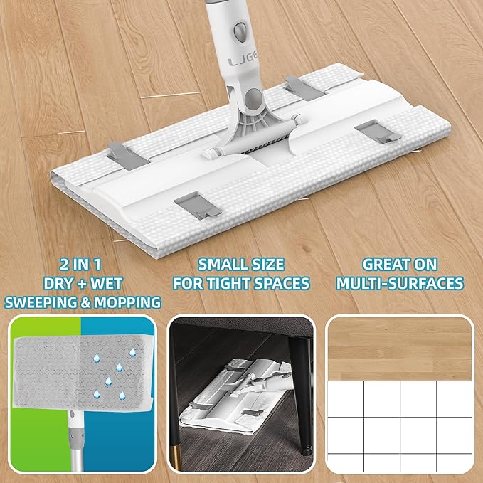 Disposable Pad Flat Mop for Floor Cleaning, 15.7 in (40 cm) Aluminum Base, 52 in Aluminum Handle, Includes 20 Dry Pads + 20 Wet Pads, Hands-Free Easy Clean – LJGG (Gray/White)