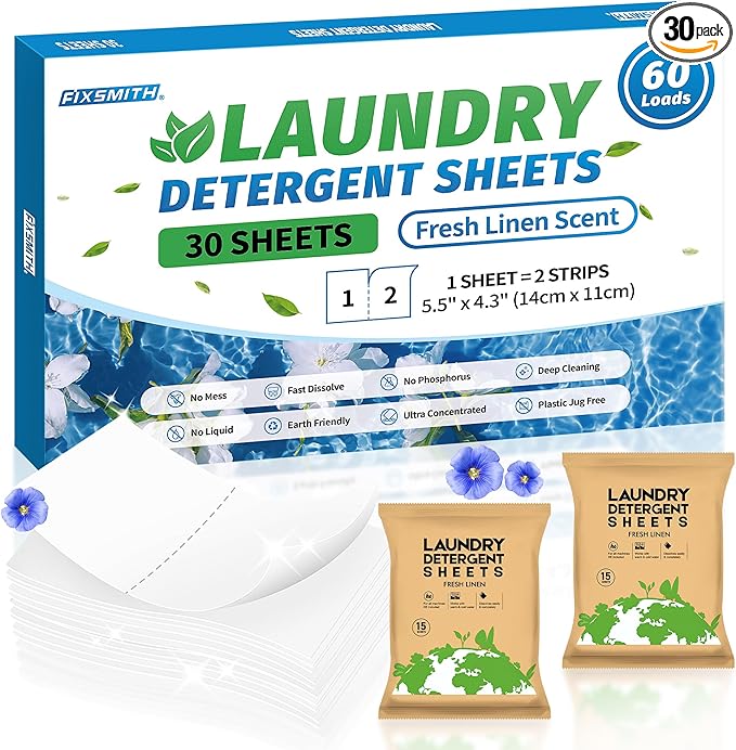 FIXSMITH Laundry Detergent Sheets - 60 Loads (30 Sheets) Fresh Linen Scent - Hypoallergenic,Eco Friendly Laundry Soap Sheets Ultra-Concentrated Travel Detergent Sheets.Plastic-Free,Liquidless.