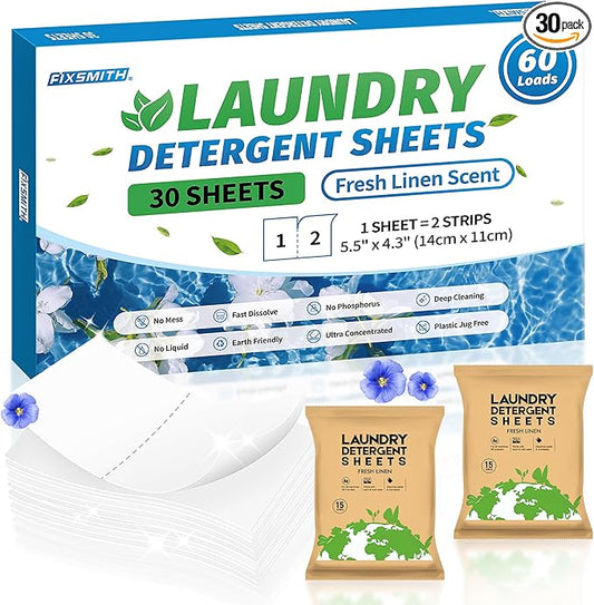 FIXSMITH Laundry Detergent Sheets - 60 Loads (30 Sheets) Fresh Linen Scent - Hypoallergenic,Eco Friendly Laundry Soap Sheets Ultra-Concentrated Travel Detergent Sheets.Plastic-Free,Liquidless.