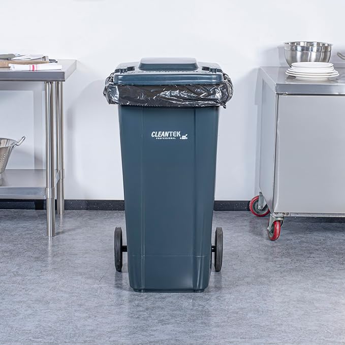 Restaurantware-Clean Tek Professional 32 Gallon Trash Can With Wheels, 1 Garbage Can With Lid - Step-On Attachment Sold Separately, Rectangle, Gray Plastic Dustbin, Long-Lasting, For Outdoor