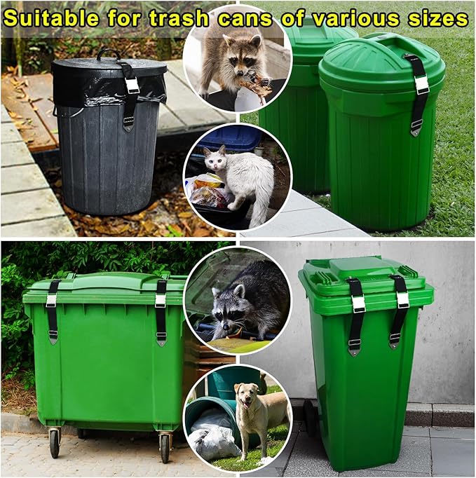 Trash Can Lid Lock,Durable Metal Garbage Bin Locks For Animals, Adjustable-Length Trash Can Locks for Raccoons, Can Be Opened with One Hand, Suitable For Multiple Sizes Outdoor Trash Cans (4 Pack)