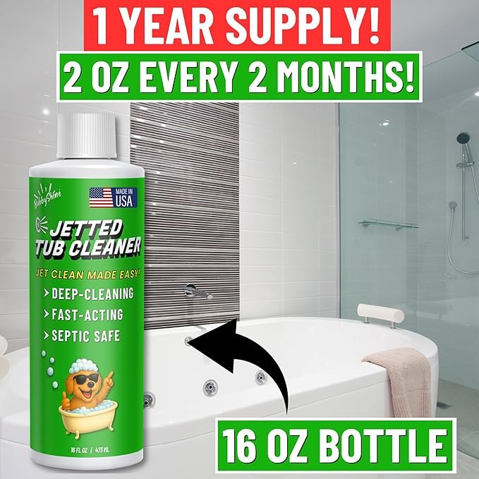 Jetted Tub Cleaner For Bathtub Jets - Whirlpool & Jacuzzi Tubs, Fast Acting, Best Spa Cleaner Chemical For The Jets And The Tubes, Pro Grade Heavy Duty, Made In USA, 16 oz