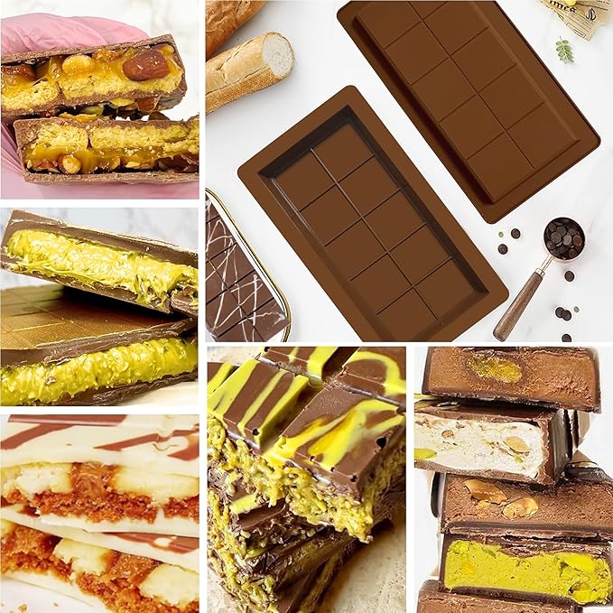 2-Pack 1 Inch Deep Large Silicone Chocolate Bar Molds with Scraper - Extra Deep & Thick Pistachio Chocolate Bar Molds for Stuffed Chocolate Bars and DIY Dubai Knafeh Chocolate Bar