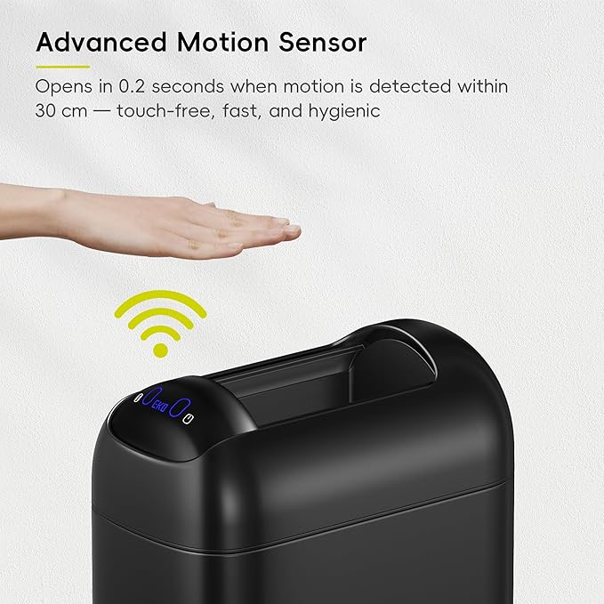EKO Astro Slim Sensor Trash Can, 10L / 2.6 Gallon Touchless Garbage Bin with Soft-Close Butterfly Lid, Motion Sensor Stainless Steel Trash Can for Bathroom, Kitchen and Office, Matte Black, Waterproof
