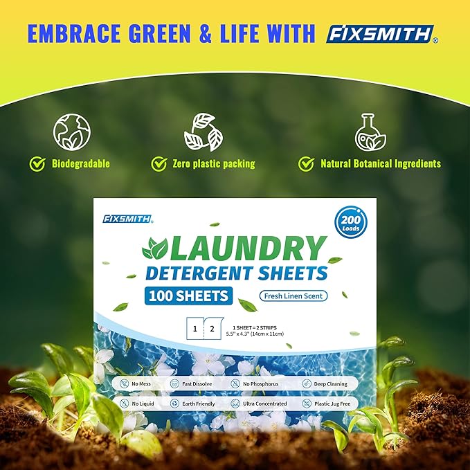 FIXSMITH Laundry Detergent Sheets - 200 Loads (100 Sheets) Fresh Linen Scent - Hypoallergenic,Eco Friendly Laundry Detergent Strips Ultra-Concentrated Travel Detergent Sheets.Plastic-Free,Liquidless