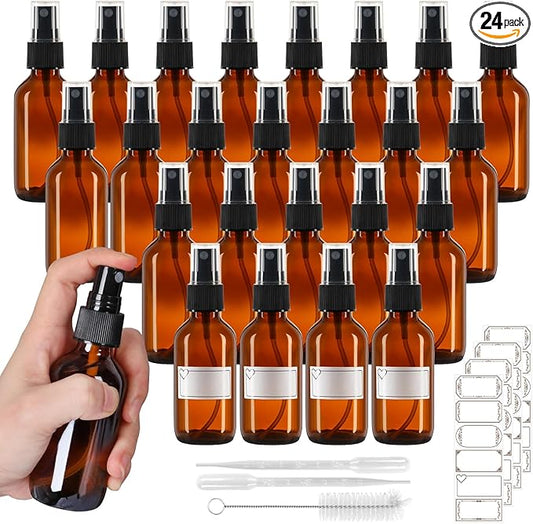 60ml Glass Spray Bottles with Fine Mist Sprayer 24Pack, Small Amber Glass Spray Bottles 2 oz for Perfumes,Cleaning Products,Pet Spray (2fl.oz, Set of 24)