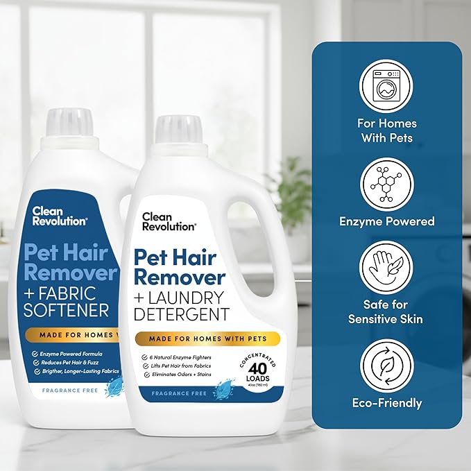 Clean Revolution Pet Hair Remover Laundry System 2-pack: Laundry Detergent + Fabric Softener with HairLift Technology, Fragrance-Free, 6 Natural Enzymes, Removes Pet Hair, Stains & Odors, 40 Oz Each