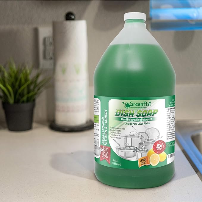 GreenFist Dish Soap Professional Detergent Liquid Pot & Pan Dish-Wash - Light or Heavy Use (Green Dish Soap 1 Gallon)