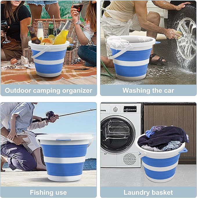 Small Collapsible Bucket 1.3 Gal/5L, Space-Efficient, Portable Foldable Water Pail for Household, Outdoor Use, Car Wash, Camping, Fishing - Blue, Single Pack
