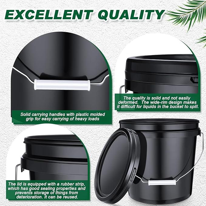 6 Pack 2 Gallon Plastic Bucket with Lid Heavy Duty Pail with Metal Handle Reusable Small Multipurpose Paint Buckets Container for Food Storage(Black)