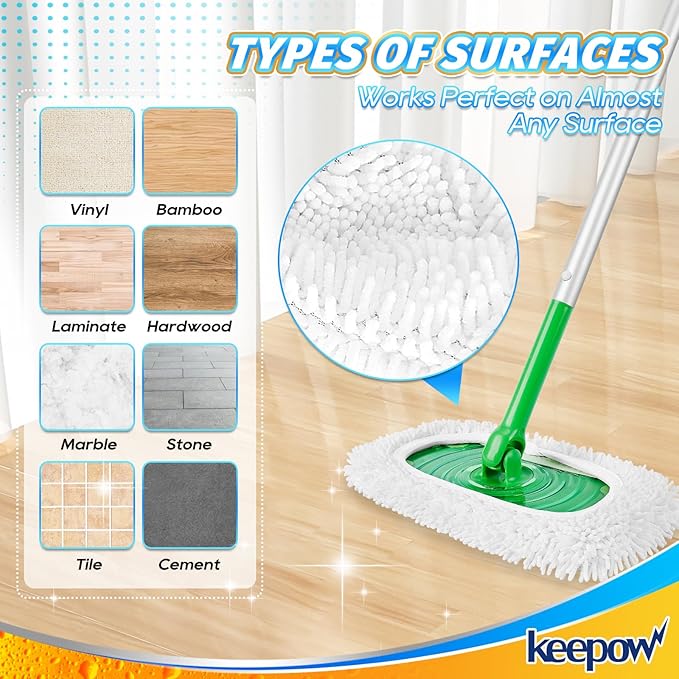 KEEPOW Reusable Microfiber Mop Pads Compatible with Swiffer Sweeper, Dry Sweeping Cloths, Washable Wet Mopping Cloth Refills for Hardwood Floor Cleaning, 4 Pack