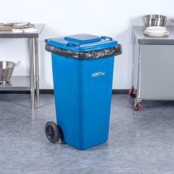 Restaurantware-Clean Tek Professional 32 Gallon Trash Can With Wheels, 1 Garbage Can With Lid - Step-On Attachment Sold Separately, Rectangle, Blue Plastic Dustbin, Long-Lasting, For Outdoor