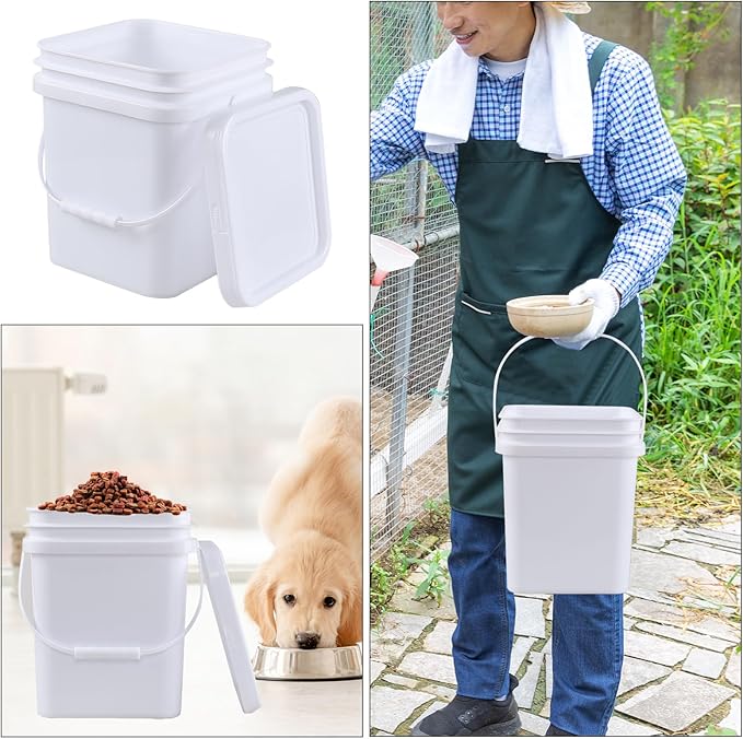 Teyyvn 5 Gallon Plastic Square Bucket with Lid and Handle, 4 Pack White Square Food Bucket Pail Container