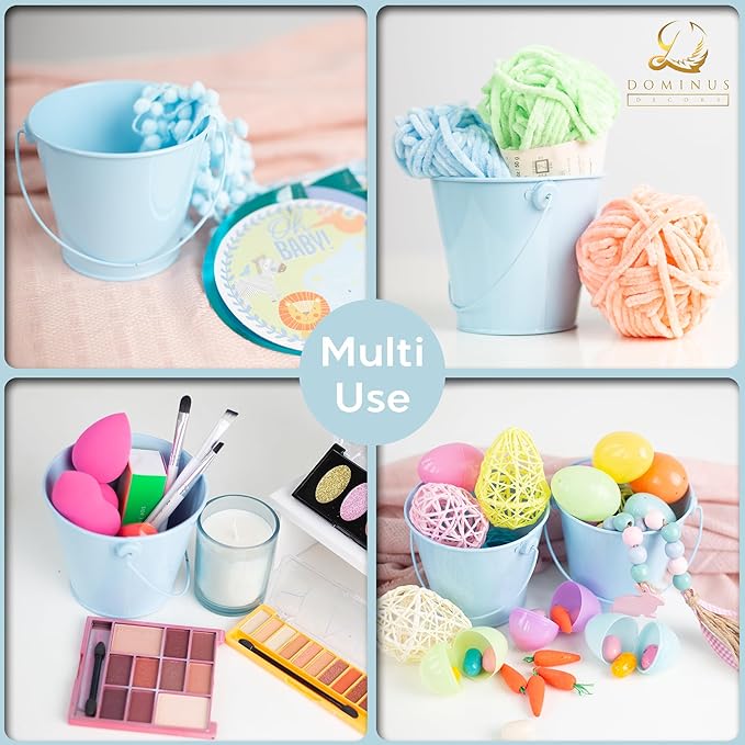 Small Metal Buckets with Handles - Leak-Proof Metal Pail Bucket - Galvanized Bucket with Handle - Multipurpose Tin Bucket for Party Favors, Organization, School, Weddings, Garden - Set of 6, Sky Blue