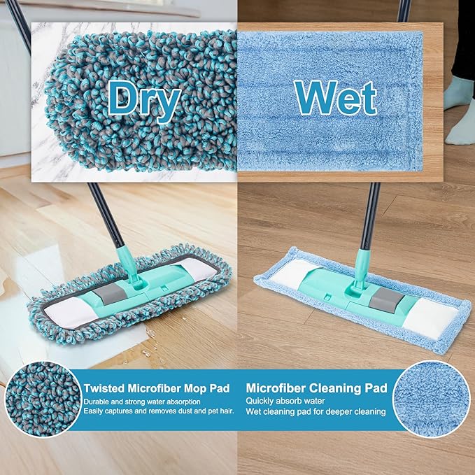 KeFanta Mops for Floor Cleaning with 2 Different Washable Mop Pads, Microfiber Dust Mop for Hardwood Floors with 57" Long Handle, Wet & Dry Mops for Pet Hair Dust Vinyl Wood Tile Laminate Flooring