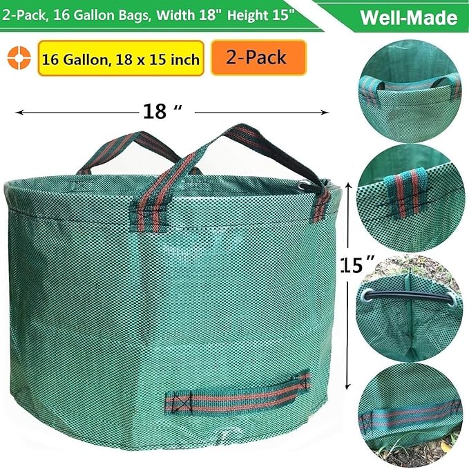 Standard 2-Pack 16 Gallon Yard Lawn Garden Bags (D18, H15 inch) with Gardening Gloves, Yard Waste Bags,Patio Debris Container,Camping Trash Bin,Recycling Bag,Laundry Bin,Lawn Weeds,Leaf Bags 4 handles