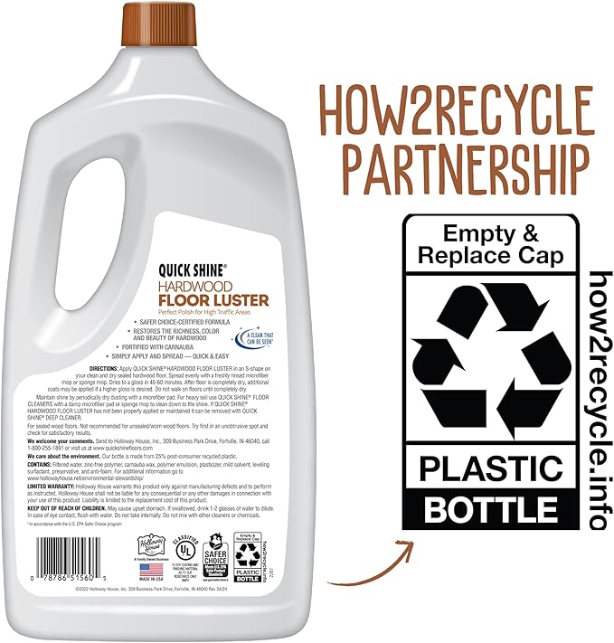Quick Shine Hardwood Floor Luster-Polish 64oz-4pk | Plant-Derived w/Carnauba | Safer Choice, No PFAS, pH Neutral | Ready to Use Formula w/Anti-Slip Technology | Simply Squirt & Spread | Made in USA