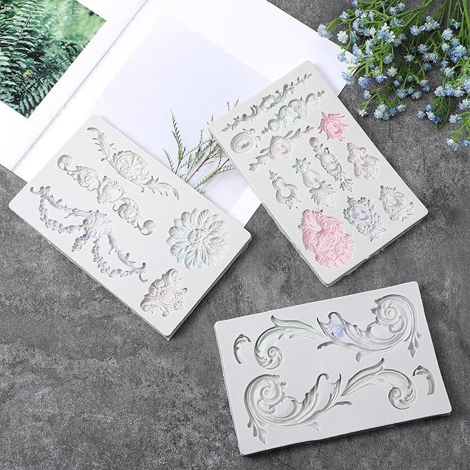 3Pcs Baroque Embossed Cake Decorating Mold, Silicone Flower Fondant Molds Cake Border Fondant Molds for Chocolate Candy Mousse Butter Biscuit Marzipan Sugar Craft Cakes 7.7 * 4.7 * 0.35 Inch
