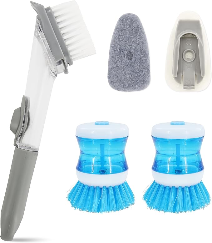 Dish Brush with Soap Dispenser Set, 3 PCS Soap Dispensing Dish Brush with 2 Sponges, Can Be Used to Wash Dishes Pots Pans Plates Cutting Boards Sinks Kitchen Utensils