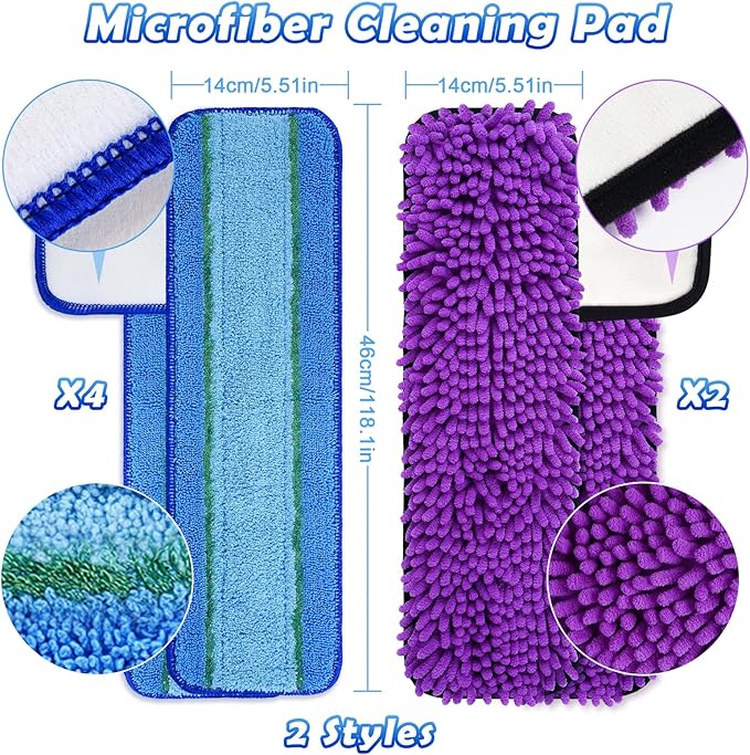 6 Pack Microfiber Cleaning Pads for Mop Hardwood Floor Cleaner Mop Replacement, 4 Deep Microfiber Cleaning Pad 2 Dusting Pad Wet Mop Dry Dust Mop Cleaner Washable Reusable Refill
