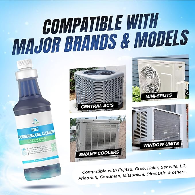 Condenser Coil Cleaner - 1 Quart (946mL), High-Foaming, Non-Acidic Formula – Heavy-Duty Degreaser for Outdoor Condensers, HVAC Systems, Mini Splits, and Heat Pumps, For Commercial or Residential Use