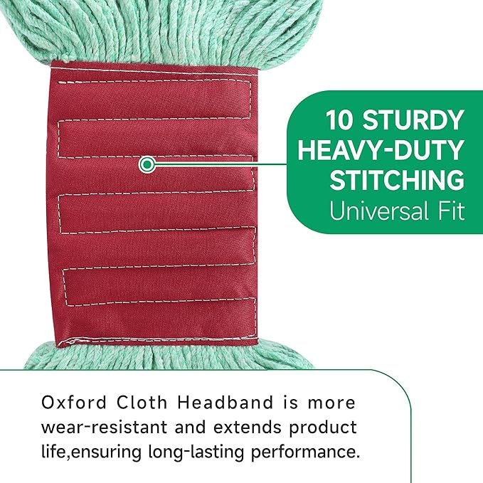 ONESIMUS 30 oz Pack of 6 Cleaning Heavy Duty Industrial Commercial Grade Looped-End Mop Head Replacement,6'' Headband Cotton String Wet Mop Head Refills,Machine Washable Green Mop