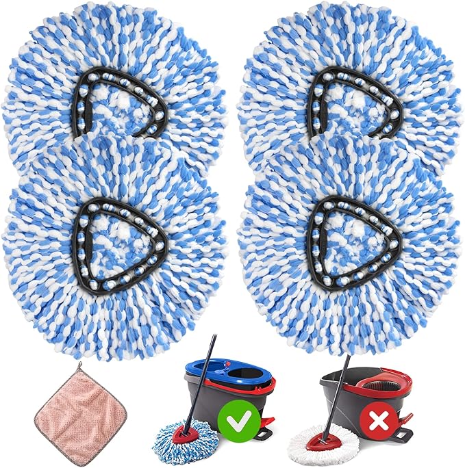 Spin Mop Head Replacement - 4 Pack Microfiber, Blue for O-Ceda Spinning Mop, EasyWring RinseClean, 2 Tank System Bucket