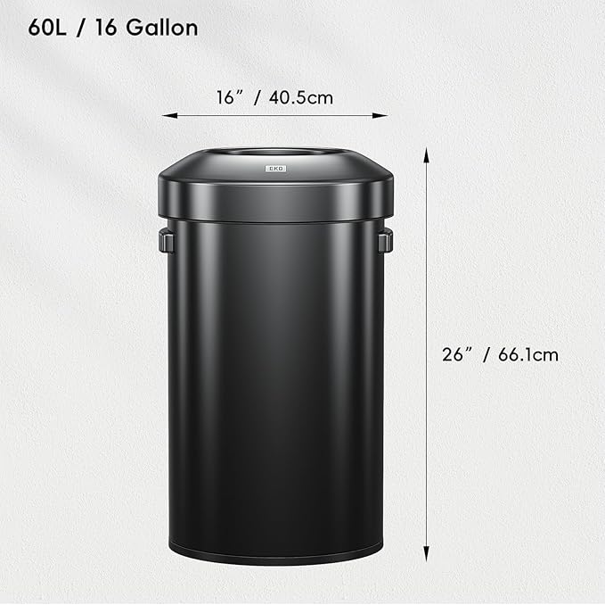 EKO 16-Gallon Round Black Stainless Steel Open Top Trash Can, Large Commercial Waste Bin with Detachable Lid and Carrying Handle, Brushed Metal Garbage Bin for Home, Office, Restaurant, Restroom