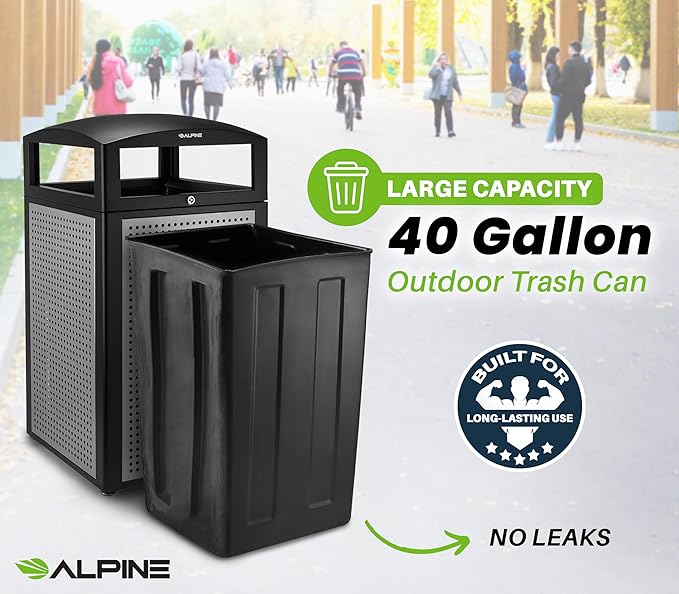 Alpine Outdoor Commercial Trash Can with Lid - 40 Gallon Heavy Duty Metal Garbage Can with Removable Bin, Locking Lid for a Modern Look in Parks, Malls, Parkings & High Traffic Areas (Black & Grey)