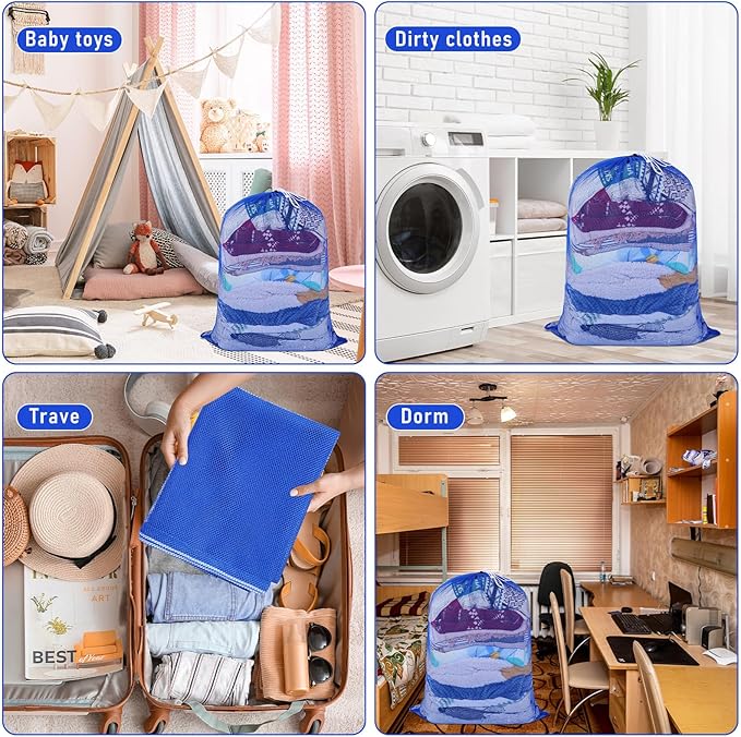 Windyun Mesh Laundry Bag, 9 Pcs 30" x 40" Heavy Duty Large Mesh Laundry Bags Drawstring Lockable Laundry Hamper Liner Machine Washable Bag for Travel Dorm Home College Storage Apartment (Blue)