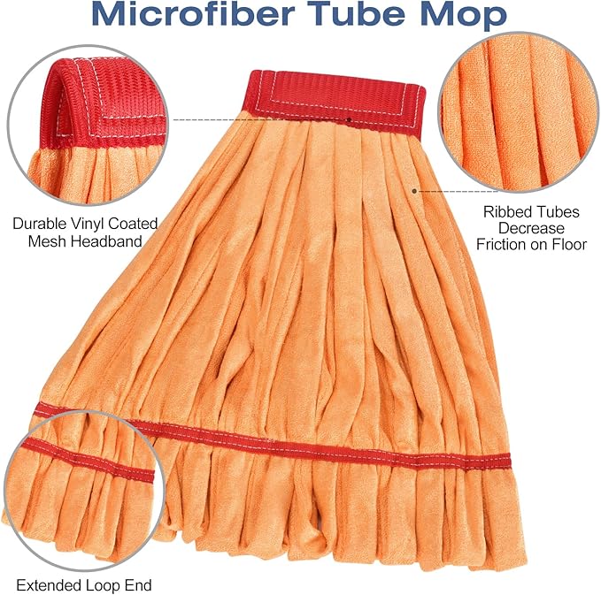 Matthew Cleaning Microfiber Tube Mop(Meduim,Orange,3Pack) Heavy Duty Mop Head Replacement,Excellent Absorbency,Premium launderability,Reusable,Loop end for Home,Commercial and Industrial Use
