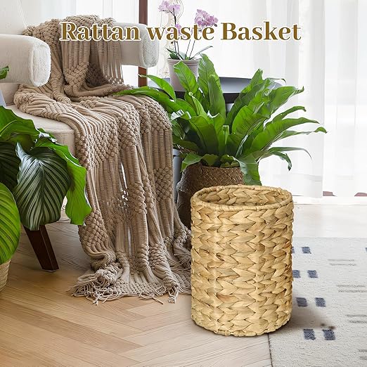 Boho Wicker Trash Can with Lid,Bathroom Trash Can with Trash Bags Hand Woven Water Hyacinth Trash Basket for Kitchen Bedroom Office