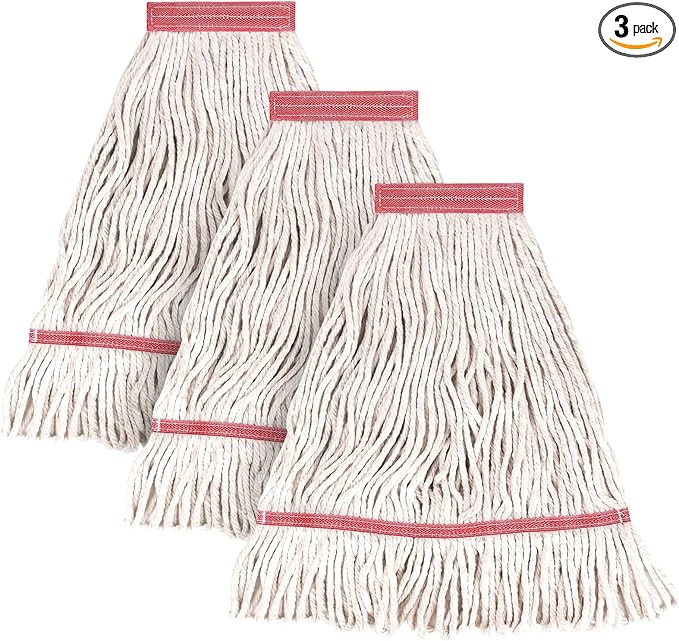 MATTHEW CLEANING Heavy Duty Mop Head Commercial Replacement for General and Floor Cleaning, Wet Industrial Blue Cotton Looped End String Head Refill (Pack of 3) White