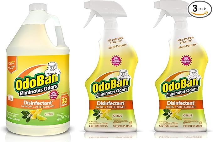 OdoBan Ready-to-Use Disinfectant and Odor Eliminator, Made in the USA, Citrus Scent, Set of 3, 2 Spray Bottles, 32 Ounces Each and 1 Gallon Concentrate
