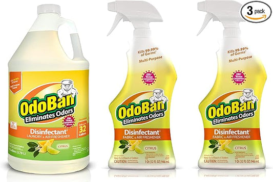 OdoBan Ready-to-Use Disinfectant and Odor Eliminator, Made in the USA, Citrus Scent, Set of 3, 2 Spray Bottles, 32 Ounces Each and 1 Gallon Concentrate