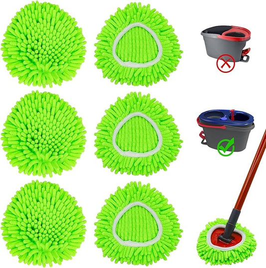 6 Pack Mop Replace Heads Mop Heads Replacements for O-Cedar RinseClean 2-Tank Spin Mop System,Chenille&Microfiber Mop Head Refills for Multi-Surface Floor Dry/Wet Use,Reusable and Washable,Green