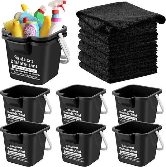 Vesici 6 Sets 3 Quart Cleaning Bucket with Microfiber Cleaning Cloths Small Sanitizing Square Bucket Detergent Plastic Utility Pail with Handle for Household Restaurant Office School Use (Black)