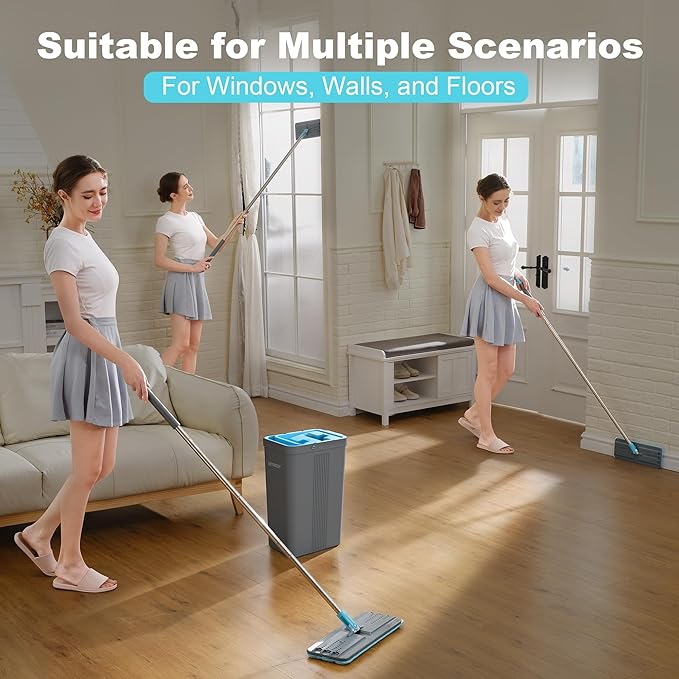 JOYMOOP Mop and Bucket Set with Wringer, Mops for Floor Cleaning, Wall Mop Cleaner with Long Handle, with 4 Reusable Microfiber Mop Pads - Grey+Cyan Blue