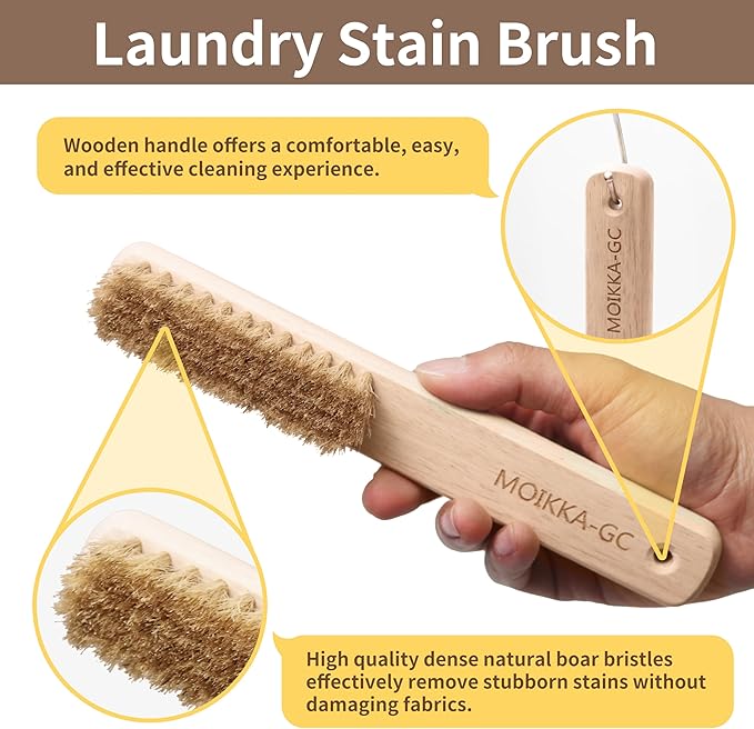 Wood Laundry Stain Brush with Boar Bristle, Tough Stain Remover for Delicate Fabric, Cotton, Linens, and Shoes, Laundry Scrub Brush for Fresh and Clean Fabric