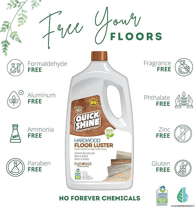 Quick Shine Hardwood Floor Luster 64oz | Plant-Based Cleaner & Polish w Carnauba | Simply Squirt & Spread & Multi Surface Floor Cleaner 64oz | Ready to Use, Dirt Dissolving, Streak Free
