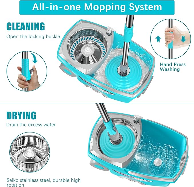 FunClean Spin Mop and Bucket,Mop and Bucket with Wringer Set for Home,360 Spinning Mopping Floor Cleaning Tool with 6 Microfiber Replacement Head Refills,61" Extended Handle, 2X Wheel - Blue