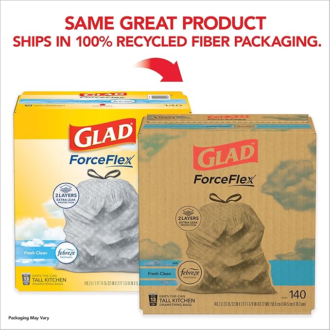 Glad ForceFlex Tall Kitchen Trash Bags, 13 Gallon, Fresh Clean, 140 Count (Package May Vary)