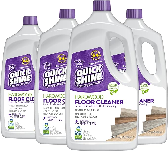 Quick Shine Hardwood Floor Cleaner 64oz, 4Pk| Use in Spray & Vac Mops| Removes Dirt & Scuff Marks| Ready-to-Use, Streak Free, No Rinse| Safer Choice Cleaner| Perfect for Gentle and Effective Cleaning