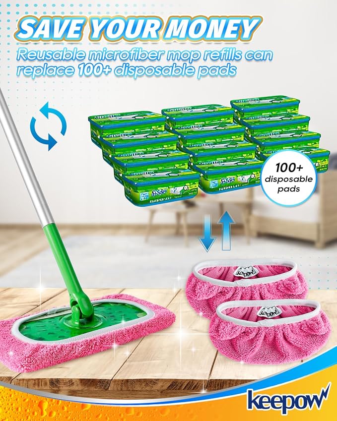 KEEPOW 4 Pack Reusable Mop Pads Compatible with Swiffer Sweeper, Microfiber Washable Pink Swiffer Mop Pads, Dry & Wet Sweeping Mopping Cloths (Pink)