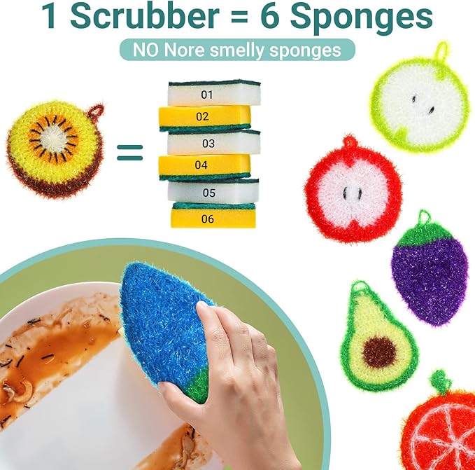 Kenning 16 Pcs Dish Scrubber Non Scratch Dish Washing Scrubbers Reusable Household Cleaning Kitchen Tools for Dishwashing Washing Dishes Cookware Tubs Sinks(Fruit)