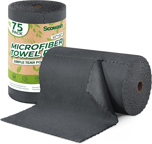 Microfiber Cleaning Cloths Roll, 75 Pack Tear Away Microfiber Towels Roll, 12" x 12" Lint Free Rags, Reusable Cleaning Cloths, Washable, Scratch Free,Ultra Absorbent Dish Rags(Dark Grey)