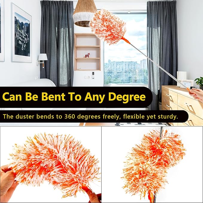 Extendable 20-49inches Microfiber Feather Duster with 3pcs Replaceable Bendable Heads, Extra Long Duster for Cleaning, Electrostatic Dust Remove for Ceiling, Fan, Window, Bookshelves(Orange)