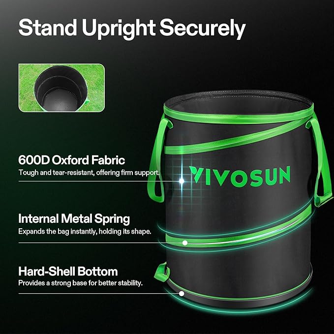 VIVOSUN 47-Gallon Collapsible Trash Can, Reusable Pop-Up Garden Bag with Hard-Shell Bottom, Leaf Scoops and Gloves, Yard Waste Container for Lawn Care and Camping
