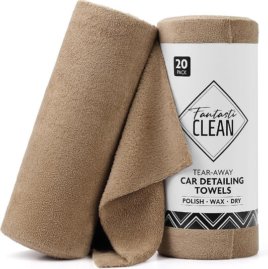 Fantasticlean Microfiber Towels for Cars, Tear Away Car Detailing Cloth Roll, RV Boat Drying Polishing, Edgeless Plush, Coral Fleece, Ultra Absorbent, Scratch-Free, 14" x 14", 20 Pack (Tan)